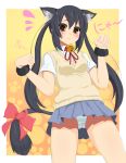  animal_ears bell black_hair blush brown_eyes cat_ears jingle_bell k-on! kazumania long_hair nakano_azusa neck_ribbon panties paw_pose ribbon school_uniform skirt solo striped striped_panties tail tail_ribbon twintails underwear upskirt 