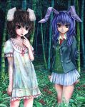  animal_ears bamboo bamboo_forest brown_hair bunny_ears dress flower forest inaba_tewi jacket kabaji legs long_hair multiple_girls nature necktie oil_painting_(medium) open_mouth pleated_skirt purple_eyes purple_hair rabbit_ears red_eyes reisen_udongein_inaba shirt short_hair skirt smile touhou traditional_media white_shirt 