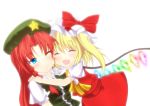  :d ^_^ blonde_hair blue_eyes braid china_dress chinadress chinese_clothes closed_eyes fang flandre_scarlet happy hat highres hong_meiling hug kiyomin long_hair multiple_girls open_mouth ponytail red_hair redhead short_hair side_ponytail skin_fang smile touhou twin_braids wings wink 