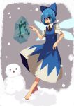  barefoot blue_eyes blue_hair bow cirno frog fuurin_(omaemona) hair_bow hands short_hair snow snowman touhou wings 