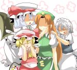  4girls anger_vein arikichi_gen bad_id blonde_hair braid brown_hair commentary demon_girl demon_wings fang flandre_scarlet flower hair_ribbon hairband hand_on_another's_face hand_on_shoulder hands_on_own_face hat hong_meiling izayoi_sakuya lavender_hair long_hair maid maid_headdress multiple_girls no_eyes no_nose pregnant remilia_scarlet ribbon short_hair silver_hair star sweat touhou twin_braids wings 