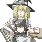  blonde_hair bow brown_eyes brown_hair dokonjou_gaeru green_eyes hakurei_reimu hat head_on_chest kirisame_marisa lowres sketch touhou witch_hat 