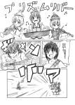  comic guitar hat instrument lunasa_prismriver lyrica_prismriver merlin_prismriver monochrome musical_note shino_(ponjiyuusu) short_hair touhou translated trumpet 