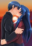  1girl bad_id blue_hair couple highres kawashima_ami kiss long_hair school_uniform short_hair sunset takasu_ryuuji toradora! yuunagi_kanade 