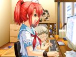  2girls books brown_hair clock clouds computer keyboard mouse open_mouth pictures redhead room school_uniform sky surprise window 