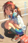  bike_shorts brown_eyes brown_hair face hairband original pairan short_twintails smile squat squatting track track_and_field twintails 