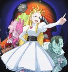  1girl 2boys blonde_hair crown cyberbots devilot_de_deathsatan_ix dr_stein jigoku_daishi long_hair multiple_boys pointing princess super-8 usatarou video_game 