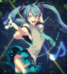  aqua_eyes aqua_hair ass bad_id detached_sleeves hand_on_headphones hands hatsune_miku headphones headset konno_nigou long_hair musical_note necktie no_panties open_mouth pointing skirt smile solo thigh-highs thighhighs twintails vocaloid zettai_ryouiki 