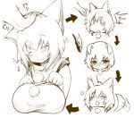  :&gt; animal_ears blush breasts brown directional_arrow happy huge_breasts inubashiri_momiji large_breasts monochrome musical_note petting sad sequential shinobe tail tears touhou wolf_ears wolf_tail 