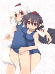  2girls :p animal_ears black_hair black_wings eyebrows_visible_through_hair groping hand_on_another&#039;s_chest hand_on_another&#039;s_thigh hat inubashiri_momiji medium_breasts multiple_girls one-piece_swimsuit school_swimsuit shameimaru_aya small_breasts swimsuit swimsuit tail thighs toba_hiyoko tokin_hat tongue touhou wings wolf_ears wolf_tail yuri 