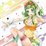  belt boots breasts cleavage goggles goggles_on_head green_eyes green_hair gumi headphones headset midriff mikippa see-through short_hair skirt smile solo star vocaloid wrist_cuffs 
