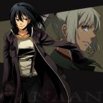  428 alphard amputee androgynous black_hair brown_eyes canaan canaan_(character) coat jacket mouth_hold multiple_girls ponytail rex_k spoilers suspenders white_hair 
