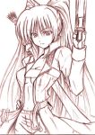  brabelt breasts cleavage cosplay dante dante_(cosplay) devil_may_cry ebony_&amp;_ivory gun handgun kousaka_tamaki midriff monochrome overcoat pistol rebellion_(sword) sankaku_umako solo sword to_heart_2 twintails weapon 