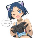  animal_ears blue_eyes blue_hair blush_stickers cat_ears collar controller fang game_controller hair_ornament hairclip ikeda_kana midriff saki short_hair simple_background smile suspenders wink xbox_360 