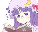  bespectacled blush book glasses hat katou_haruaki long_hair mukyuu patchouli_knowledge purple_eyes purple_hair ribbon solo touhou violet_eyes 