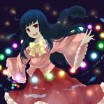 amayoikazuto bad_anatomy black_hair branch brown_eyes danmaku dark glowing houraisan_kaguya jeweled_branch_of_hourai long_hair long_skirt open_mouth outstretched_arms outstretched_hand ribbon skirt solo spread_arms touhou