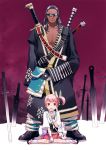  candy dark_skin field_of_blades height_difference kaya8 lollipop original pink_hair scar side_ponytail sitting size_difference standing sunglasses swirl_lollipop sword wariza weapon 