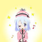  blue_hair chiro-minami clarinet hat highres hiiragi_tsukasa instrument lucky_star merlin_prismriver musical_note parody short_hair solo style_parody touhou wink 