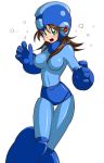  1girl brown_hair genderswap genderswap_(mtf) green_eyes helmet kurowasagi long_hair open_mouth rockman rockman_(character) rockman_(classic) solo sweat 