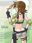  ass brown_eyes brown_hair butt_crack cosplay elbow_pads erect_nipples eunos fingerless_gloves from_behind gloves hiiragi_matsuri human_(saga_2) looking_back lucky_star saga saga_2 sheath sheathed short_hair shorts shoulder_pads sword teacher_(saga_2) thigh_strap title_drop weapon 