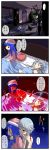  bathrobe bed camisole captain_freedom clock comic error highres hinanawi_tenshi izayoi_sakuya knife nightcap pillow scared sleeping surprised time_stop touhou translated translation_request trembling vase 