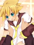   blonde_hair blush boy carrying headphones kagamine_len lift shota sweatdrop necktie trap vocaloid  