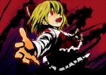  1girl bad_id blonde_hair crazy_eyes dark fangs foreshortening hair_over_one_eye hair_ribbon hands open_mouth outstretched_arms red_eyes ribbon rumia short_hair solo spread_arms touhou tsuttsu 