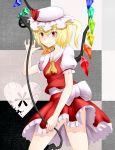  1girl ascot blonde_hair bow checkered checkered_background flandre_scarlet hat hat_bow highres kurone laevatein looking_back red_eyes side_ponytail solo touhou wings 