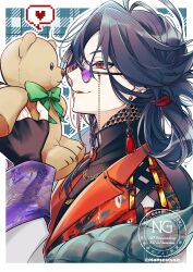  1boy absurdres antenna_hair artist_name black_gloves black_nails black_shirt blue_background blue_hair border braid chaahan_(0421_han2) chain chain_necklace coat collared_shirt commentary crossed_bangs ear_piercing earrings eyewear_strap fingerless_gloves fingernails glasses gloves gold_necklace hair_between_eyes hands_up heart highres holding holding_stuffed_toy jewelry kaisei_(1st_costume)_(nijisanji) kaisei_(nijisanji) long_sleeves male_focus multicolored_hair multicolored_shirt nail_polish neck_tattoo necklace nijisanji off_shoulder open_clothes open_coat outline outside_border parted_bangs parted_lips piercing pixel_heart plaid_background profile purple-tinted_eyewear red_eyes red_hair red_shirt round_eyewear seigaiha shirt side_braid single_braid smile solo speech_bubble spoken_heart streaked_hair stuffed_animal stuffed_toy symbol-only_commentary tassel tassel_earrings tattoo teddy_bear tinted_eyewear turtleneck twitter_username upper_body virtual_youtuber watermark white_border white_coat white_outline 