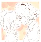  2girls bow bowtie cirno closed_eyes collared_shirt face-to-face forehead-to-forehead grin hair_bow hat height_difference lineart multiple_girls neck_ribbon outline partially_colored pom_pom_(clothes) ribbon shameimaru_aya short_hair smile tokin_hat touhou uyu_(keyakinoki) 