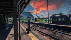  1boy banakotakemaru black_hair blue_sky blue_sweater bridge clouds collared_shirt commentary_request highres long_sleeves original outdoors pants pedestrian_bridge power_lines railroad_tracks scenery shirt short_hair sky solo sweater tactile_paving train_station train_station_platform utility_pole white_shirt wide_shot 