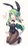  1girl animal_ears bowtie breasts bunny_girl bunny_tail bunnysuit cleavage detached_collar frog_hair_ornament green_eyes green_hair hair_ornament hair_tubes heart high_heels kneeling kochiya_sanae long_hair looking_at_viewer one_eye_closed open_mouth pantyhose rabbit_ears satou_kibi simple_background smile solo tail touhou wrist_cuffs 
