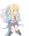  1girl absurdres blonde_hair highres miyazono_kaori necktie school_uniform shigatsu_wa_kimi_no_uso sitting smile solo taisos violin_case 