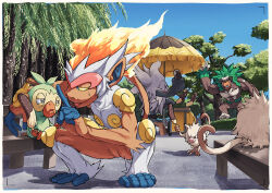  annihilape arm_up bench border chocolate_banana clear_sky clenched_teeth colored_sclera commentary_request day food grookey holding how_long infernape mankey no_humans open_mouth outdoors pokemon pokemon_(creature) pokemon_focus rillaboom sky standing sweatdrop teeth tree umbrella white_border yellow_sclera 
