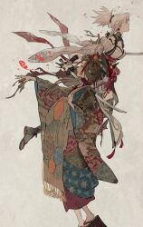  2girls absurdres asymmetrical_hair bangs_pinned_back command_spell dragon_print dual_wielding fate/samurai_remnant fate_(series) floral_print hair_ornament hair_stick haori highres holding japanese_clothes jewelry katana kimono layered_clothes layered_kimono leaf long_sleeves magatama magatama_necklace maple_leaf mimulishizi miyamoto_musashi_(fate) miyamoto_musashi_(woman_of_niten_ichiryuu)_(fate) multiple_girls necklace obi okobo platform_sandals print_kimono sandals sash single_sidelock sword takao_dayu_(fate) tassel weapon white_kimono zouri 