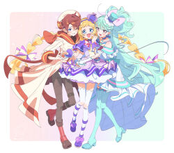  1boy 2girls aqua_background aqua_bow aqua_hair aqua_sleeves aqua_thighhighs arms_around_waist back_bow bare_shoulders belt belt_buckle beret black_belt black_pants black_shirt blonde_hair blue_bow blue_choker blue_eyes blue_hairband blue_hat blue_shoes blunt_bangs boots border bow bow_choker bow_earrings bow_legwear bowtie braid bright_pupils brooch brown_eyes brown_hair buckle capelet choker clothing_cutout collared_capelet commentary cure_friendy cure_lillian deerstalker dot_nose dress dress_bow earrings fingernails floating_clothes floating_hair frilled_arm_warmers frilled_dress frilled_headwear frilled_sleeves frilled_wrist_cuffs frills full_body gradient_background green_brooch grey_pants grin group_hug hairband hand_up happy hat hat_bow hat_ornament heart heart_brooch heart_hat_ornament high_collar high_heels highres horizontal-striped_sleeve_cuffs hug inukai_iroha jewelry layered_sleeves leg_belt leg_ribbon light_blush light_particles long_dress long_hair long_sleeves looking_at_viewer low_twin_braids magical_boy magical_girl messy_hair mini_hat mini_top_hat multiple_girls nekoyashiki_mayu offering_hand_to_another one_eye_closed one_side_up open_mouth orange_background orange_sailor_collar orange_sleeve_cuffs outside_border outstretched_hand pants paru_rari petticoat pink_bow pink_bowtie pleated_dress precure pumps purple_background purple_bow purple_brooch purple_capelet purple_dress purple_hairband purple_hat purple_ribbon purple_shoes purple_wrist_cuffs red_boots ribbon robe sailor_collar shirt shoes short_dress short_hair short_sleeves shoulder_cutout single_stripe smile sphere_earrings standing striped_bow striped_bowtie striped_clothes striped_sleeves symbol-only_commentary taking_another's_hand tareme thigh-highs top_hat toyama_satoru tsurime turtleneck turtleneck_shirt twin_braids very_long_hair violet_eyes wavy_hair white_arm_warmers white_border white_bow white_bowtie white_dress white_hat white_pupils white_robe white_thighhighs wonderful_precure! wrist_cuffs 