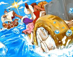  1boy arm_behind_head blue_sky boat clouds cloudy_sky commentary dark-skinned_male dark_skin day english_commentary from_behind fur-trimmed_shorts fur_trim hat highres horizon jolly_roger mini_merry monkey_d._luffy ocean one_piece outdoors pink_sash pirate_ship purple_shorts red_shirt royalgutz sandals sash shirt shorts sitting sky straw_hat straw_hats_jolly_roger sun thousand_sunny water watercraft 