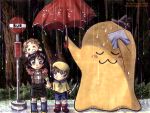  1girl 2boys artist_request bus_stop cheese-kun code_geass crossover handkerchief hat knife lelouch_lamperouge multiple_boys nunnally_lamperouge parody rain rolo_lamperouge tonari_no_totoro umbrella watermark web_address 