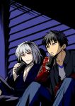  2boys black_hair blood bloody_clothes blue_eyes coffee_can drinking glasses glasses_removed japanese_clothes multiple_boys open_mouth red_eyes short_hair sitting smile toono_shiki toono_shiki_(2) tsukihime urako white_hair 
