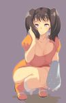  1girl breast_press breasts brown_hair collarbone diane_(nanatsu_no_taizai) grey_background highres large_breasts nanatsu_no_taizai ookami_ryousuke short_hair smile solo squatting twintails violet_eyes 