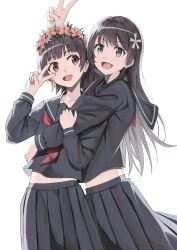  2girls :d absurdres aqua_eyes black_hair blue_sailor_collar blue_serafuku blue_shirt blue_skirt blunt_bangs brown_eyes cowboy_shot flower flower_wreath hair_flower hair_ornament highres holding_another's_waist long_hair long_sleeves midriff_peek multiple_girls neckerchief pension_z pleated_skirt posing red_neckerchief sailor_collar sakugawa_school_uniform saten_ruiko school_uniform serafuku shirt short_hair sidelocks simple_background skirt smile standing toaru_kagaku_no_railgun toaru_majutsu_no_index uiharu_kazari v v_over_eye v_over_head 