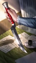  1girl charlotte_corday_(fate) commentary fate/grand_order fate_(series) fingernails frilled_sleeves frills holding holding_knife holding_weapon indoors inkwell knife lasengle light_particles light_rays long_sleeves official_art paper quill reverse_grip solo third-party_source tray weapon weapon_focus 