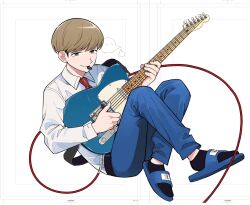 1boy audio_cable belt black_belt black_socks blue_pants blue_sandals bowl_cut brown_eyes brown_hair cable closed_mouth collared_shirt commentary_request denai_tetsuo electric_guitar fender_telecaster futsuu_no_keion-bu guitar guitar_strap highres holding holding_guitar holding_instrument instrument long_sleeves male_focus mouth_hold name_tag necktie official_art pants plectrum plectrum_in_mouth red_necktie sandals school_uniform shirt shirt_tucked_in short_hair slides smile socks solo takami_kouki white_shirt 