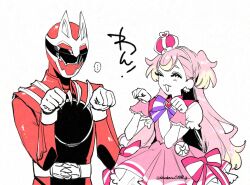  armor bow brooch capelet crown cure_wonderful desukaru02518_g dress_bow gozyuwolf heart heart_brooch helmet highres inukai_komugi jewelry mini_crown no.1_sentai_gozyuger pink_crown pink_wrist_cuffs precure purple_capelet red_armor red_helmet super_sentai tokusatsu trait_connection wonderful_precure! wrist_cuffs 