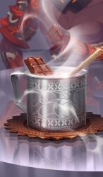  1boy ashwatthama_(fate) blurry blurry_background candy chocolate chocolate_bar commentary cup dark-skinned_male dark_skin depth_of_field drink fate/grand_order fate_(series) food food_focus gloves head_out_of_frame holding holding_food in_container in_cup melting mug nowaki_nakasane official_art pectorals pov red_gloves reflection reflective_table saucer sitting solo steam table third-party_source topless_male utensil 