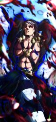  1boy abs absurdres arms_behind_head black_coat black_hood black_pants black_sclera blood coat colored_sclera crossed_belts grey_hair highres jojo_no_kimyou_na_bouken jojo_pose long_sleeves noonvincent pants pectoral_cleavage pectorals red_eyes risotto_nero risotto_nero's_pose striped_clothes striped_pants vento_aureo white_pants 