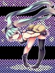  1girl belt bent_over bikini_top checkered checkered_background fingerless_gloves floating_hair gloves green_eyes green_hair hatsune_miku long_hair pako_(moto_paco) pigeon-toed solo thigh-highs twintails very_long_hair vocaloid 