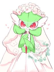  absurdres bob_cut colored_skin dress flower gardevoir green_hair green_skin hair_flower hair_ornament heart highres maaari_pkmn multicolored_skin pink_background pink_eyes pokemon pokemon_(creature) simple_background smile two-tone_skin veil watermark white_dress white_skin 
