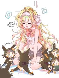  1girl absurdres anchor_earrings bare_shoulders blonde_hair blush earrings english_text famillie_(millie_parfait) hairband highres jewelry long_hair midriff millie_parfait millie_parfait_(4th_costume) navel nijisanji nijisanji_en nose_blush open_mouth poringo0207 seiza shirt shorts sitting sleeveless sleeveless_shirt teardrop very_long_hair virtual_youtuber white_background white_hairband 