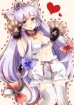  1girl ahoge animal_ears bare_arms bare_shoulders bell bell_collar bloomers bra breasts cat_ears cat_tail collar collarbone gloves hair_ribbon heart kemonomimi_mode long_hair midriff navel open_mouth patchouli_knowledge paw_gloves purple_hair ribbon solo striped striped_legwear tail tail_bell thigh-highs touhou tress_ribbon ukita_uuko underwear underwear_only very_long_hair violet_eyes white_bra 